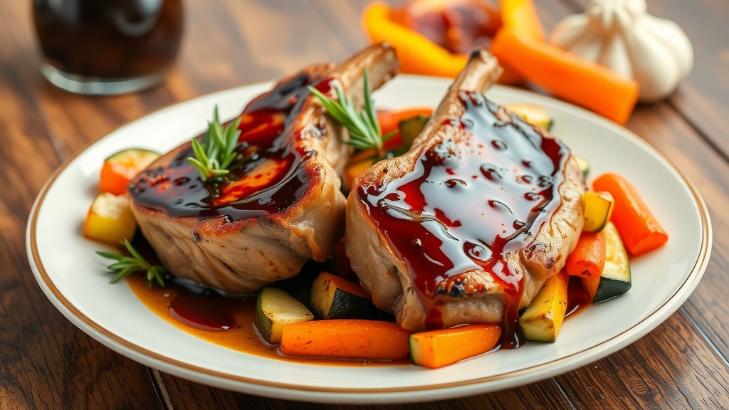 Sweet and Savory Balsamic Pork Chops Plated balsamic pork chops glazed with sauce, garnished with rosemary, served with roasted vegetables.